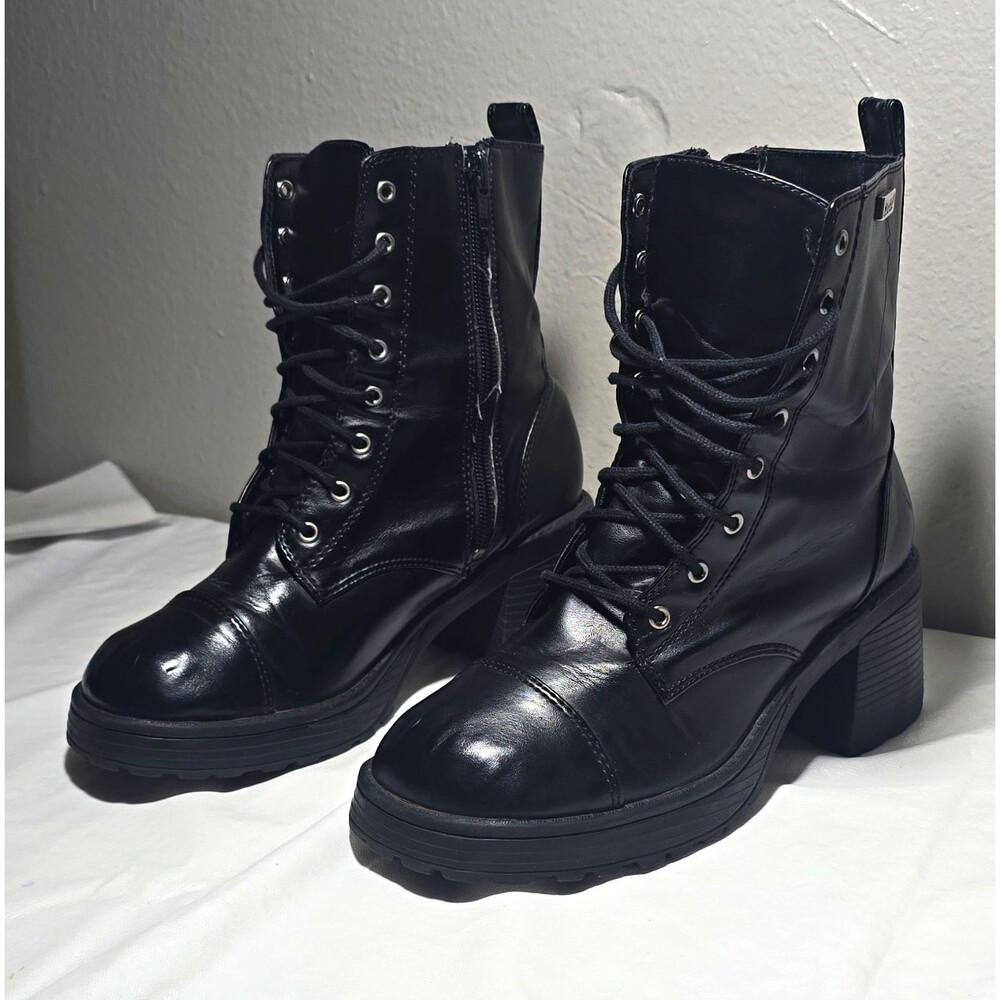 Mudd Womenβs Black Faux Leather Ankle Combat Boots Lace-Up Side Zip US 6